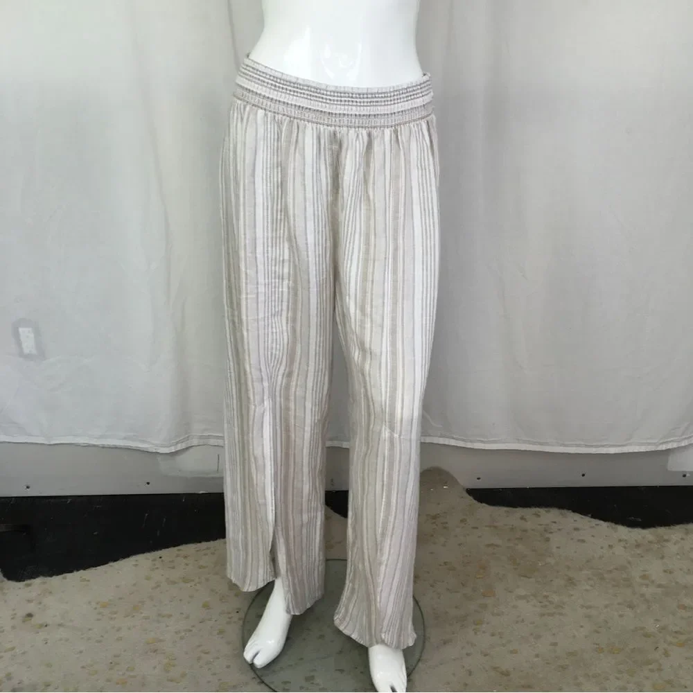 NEW Land n’ Sea Linen Rayon Tan Striped Wide Leg Spilt front Pull On Pants L
